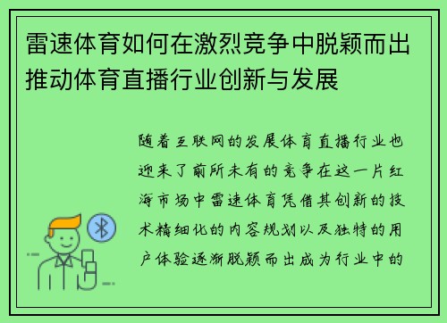 雷速体育如何在激烈竞争中脱颖而出推动体育直播行业创新与发展